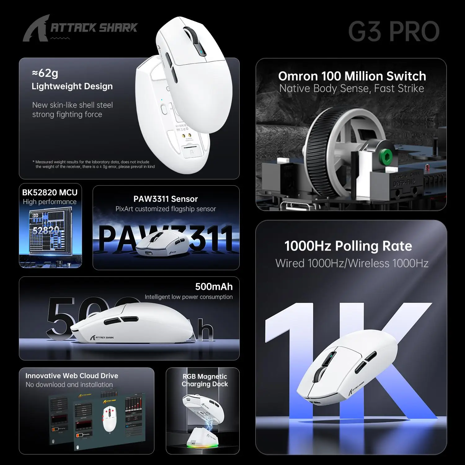 ATTACK SHARK G3PRO ماوس ألعاب لاسلكي 62 جرام Superlight PAW3311 1 كيلو هرتز 3-وضع بلوتوث RGB قاعدة شحن مغناطيسية بطارية 500 مللي أمبير في الساعة