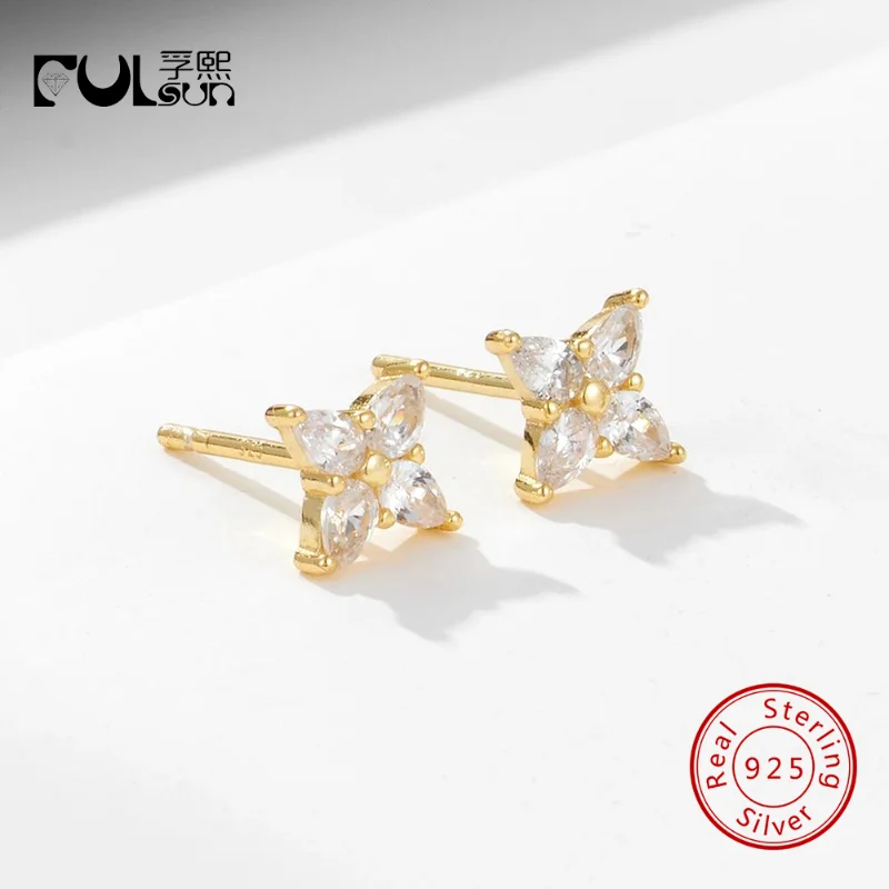 925 Sterling Silver 14K Gold Plated Rhodium Plated Four Point Star Marquise CZ Stud Earrings Clear Zircon Dainty Daily Jewelry
