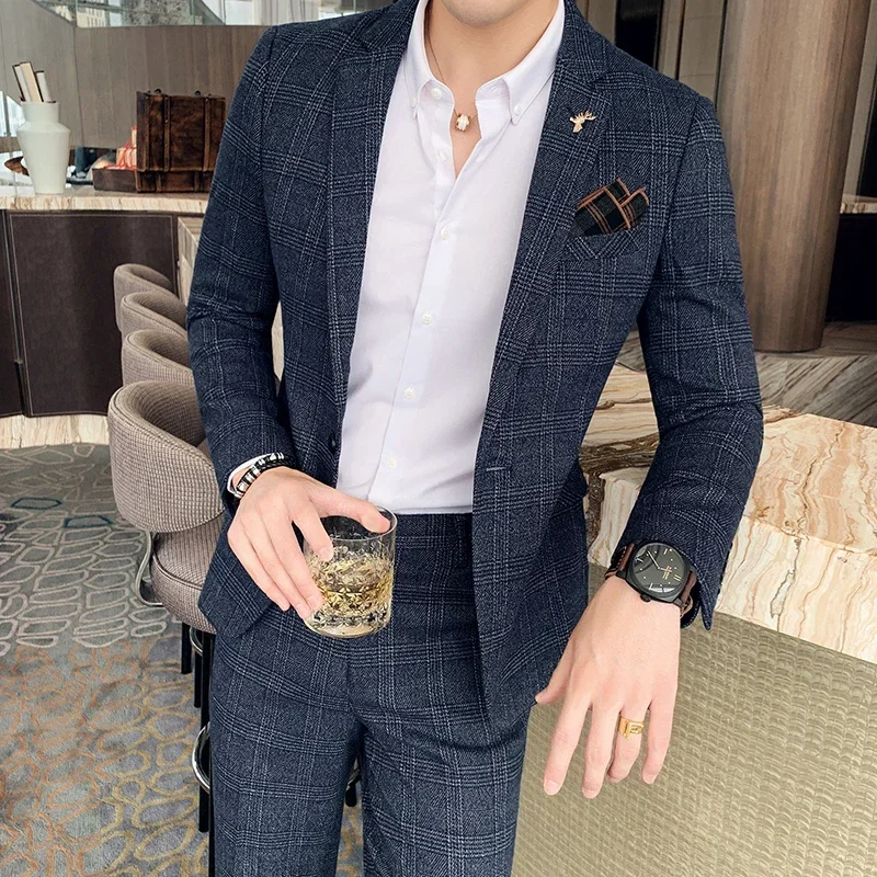 ( Blazer + Pants ) High-end Brand Formal Business Plaid Mens Suit Groom Wedding Dress Solid Color Stage Performance Tuxedo S-7XL