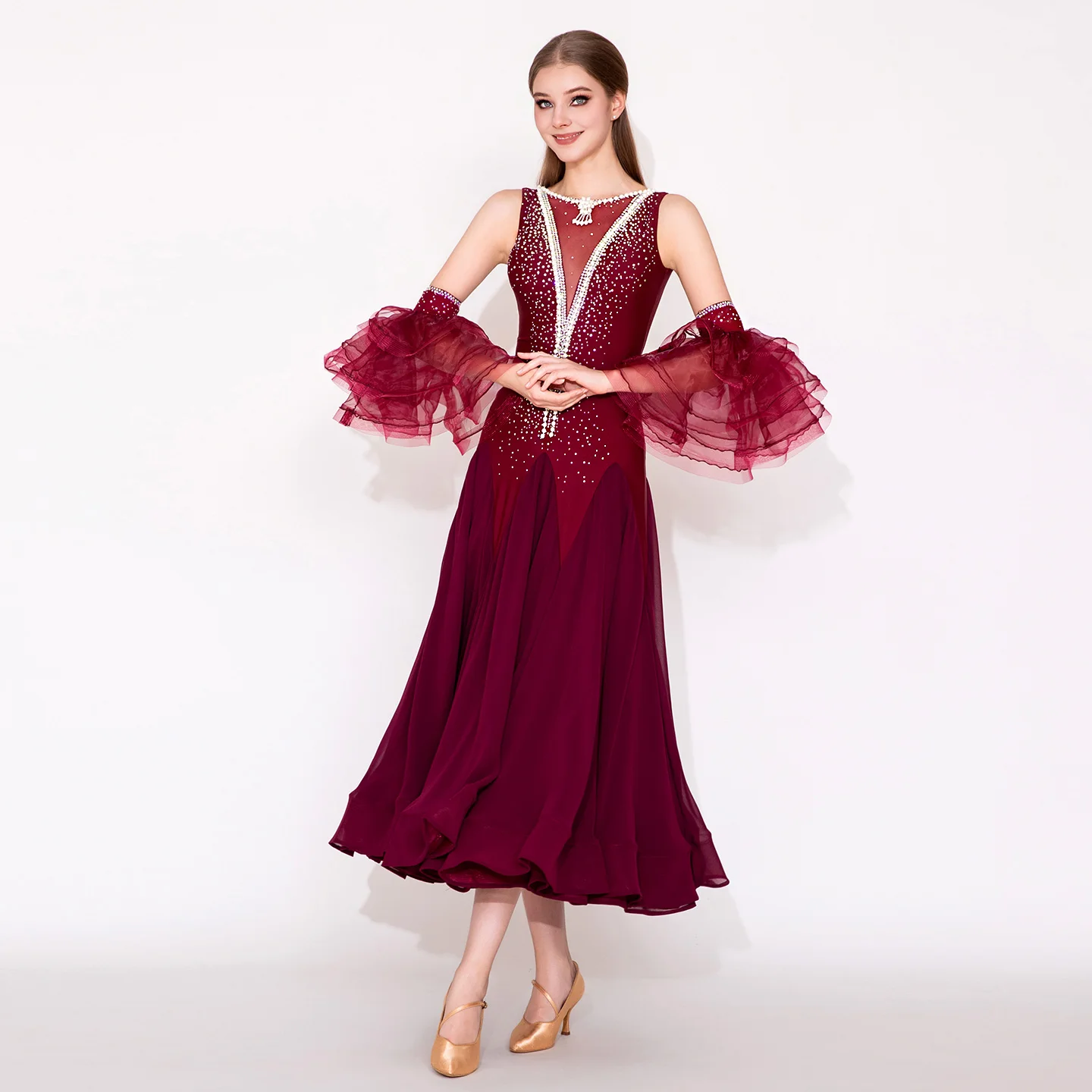 فستان أداء الرقص الحديث النبيذ الأحمر قرمزي المعايير الوطنية مسابقة الرقص أداء الملابس My948