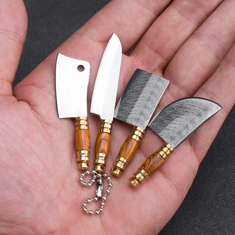 Damascus Blade Knife MINI Sharp EDC Self-defense Portable Keychain Unpacking Knife Outdoor Unboxing Tool With Leathe Cover