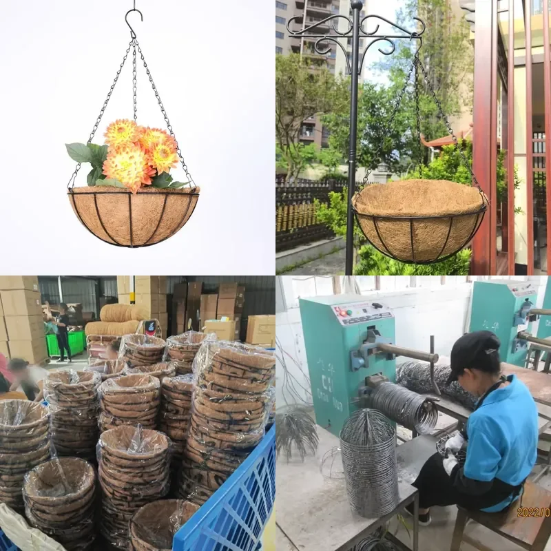 Wholesale Natural Coconut Palm Metal Hanging Basket Garden Flower Pot for Physical or Artificial Flowers