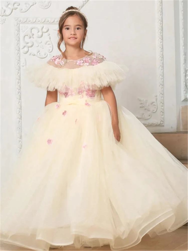 Lindo vestido de niña de flores elegante esponjoso tul encaje calcomanía pluma princesa bola vestidos de primera comunión niños regalo de cumpleaños presente