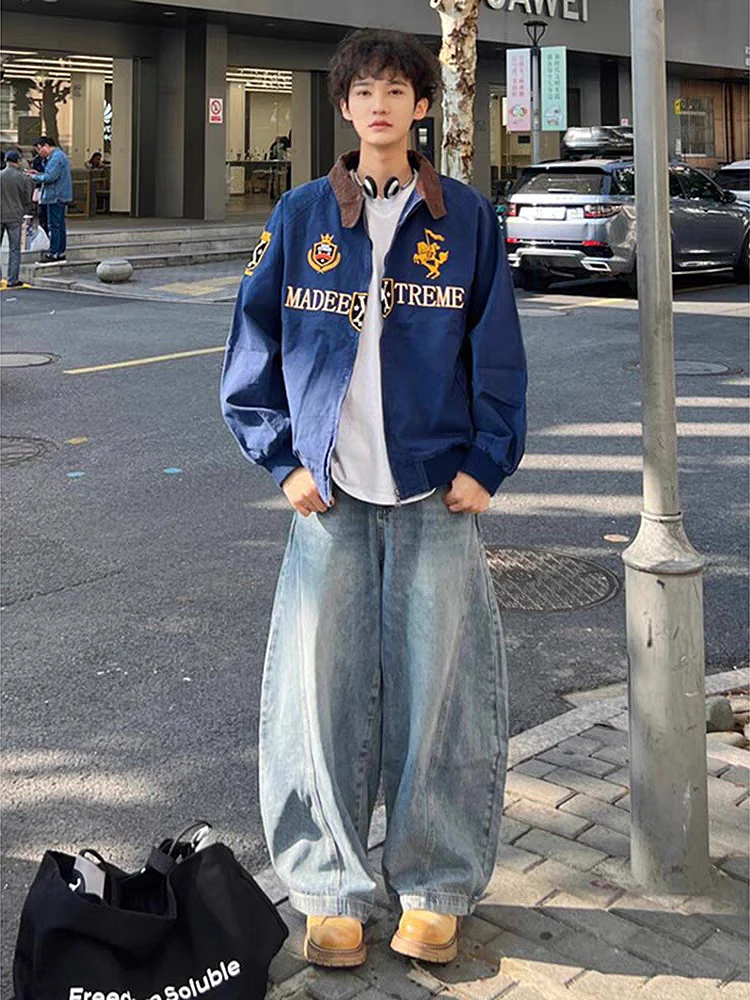 

Retro Blue Bell Bottom Knife Denim Jeans Men's High Street Autumn Spring Straight Leg Workwear Trousers Clean Fit