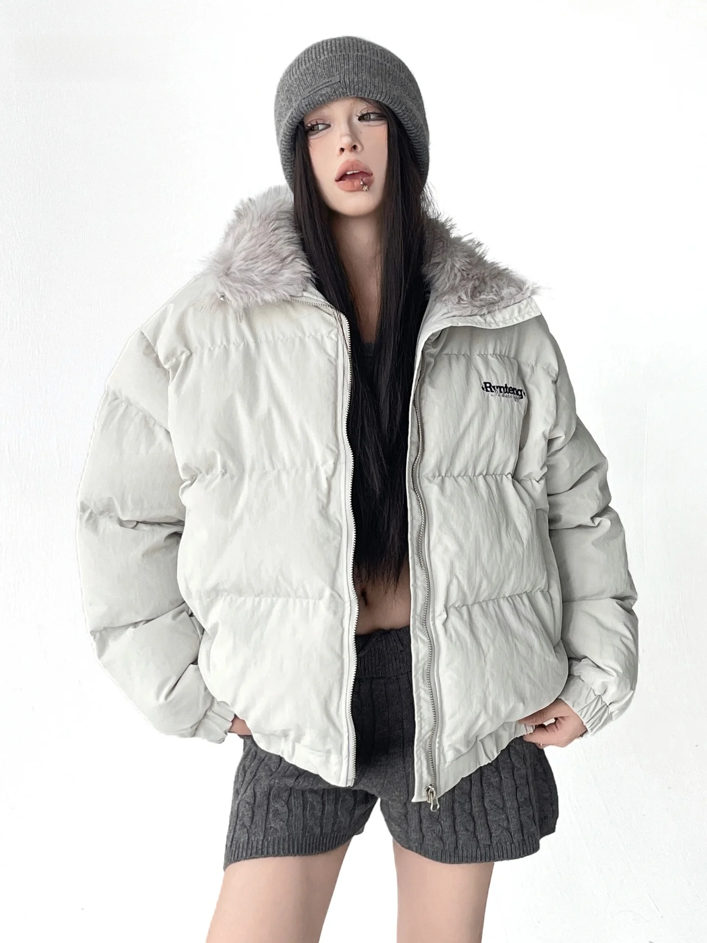 

American Style Retro Lamb Fur Collar Cotton Jacket Women's Loose Warm Outerwear Winter Street Style Zipper Closure Long Sleeve