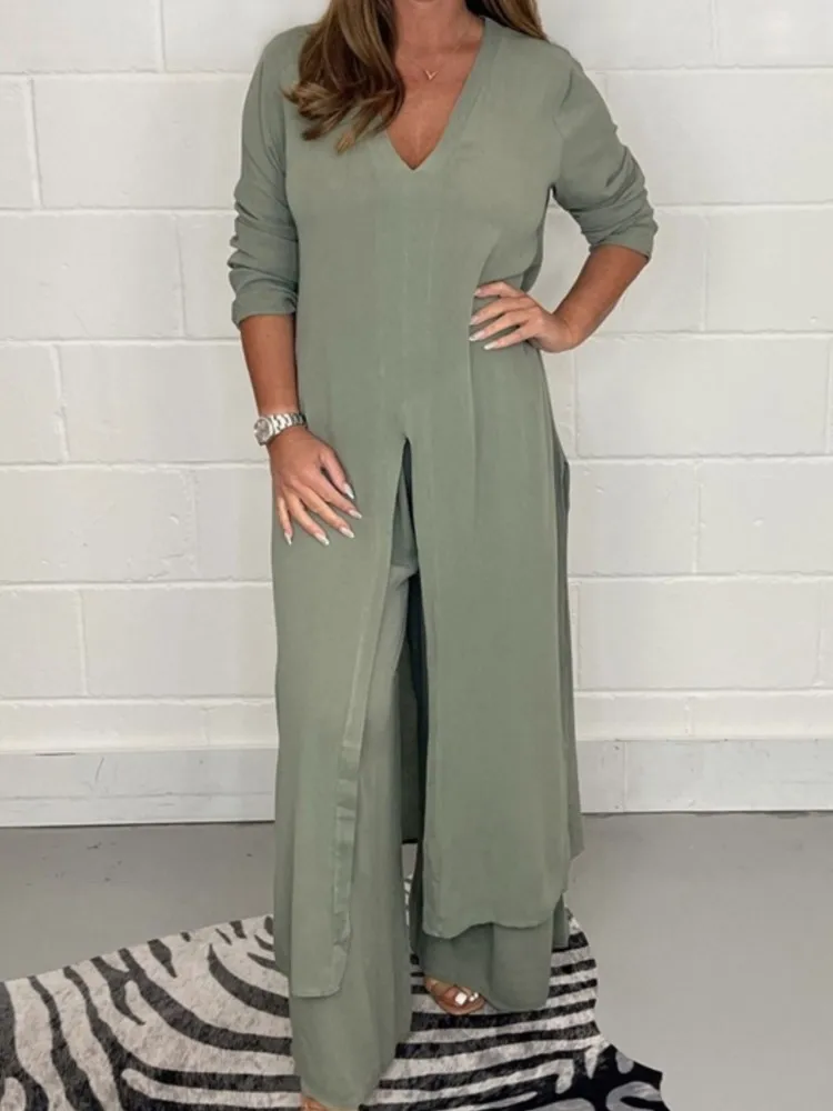 2024 Casual Two Piece Set For Women Solid Color V-neck Maxi Slit Tops And Loose Wide Leg Pant Sets Fashion Lady Suits Streetwear