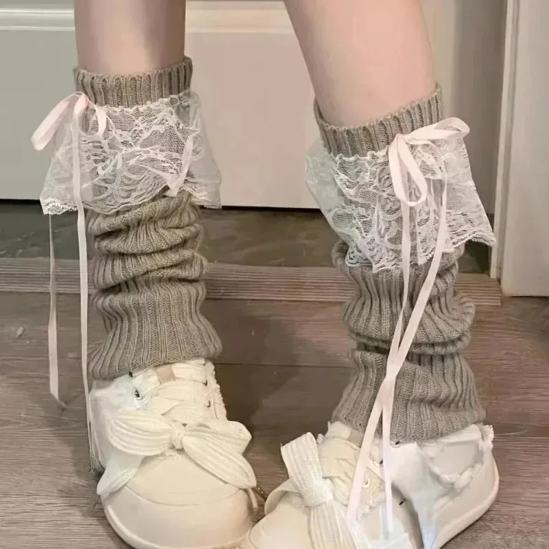 Warm Lace Bow Leg Warmers Y2K Japanese Lolita Girls Women Calf Knitted Streamer Covers JK Princess Slouch Stockings Cute Style
