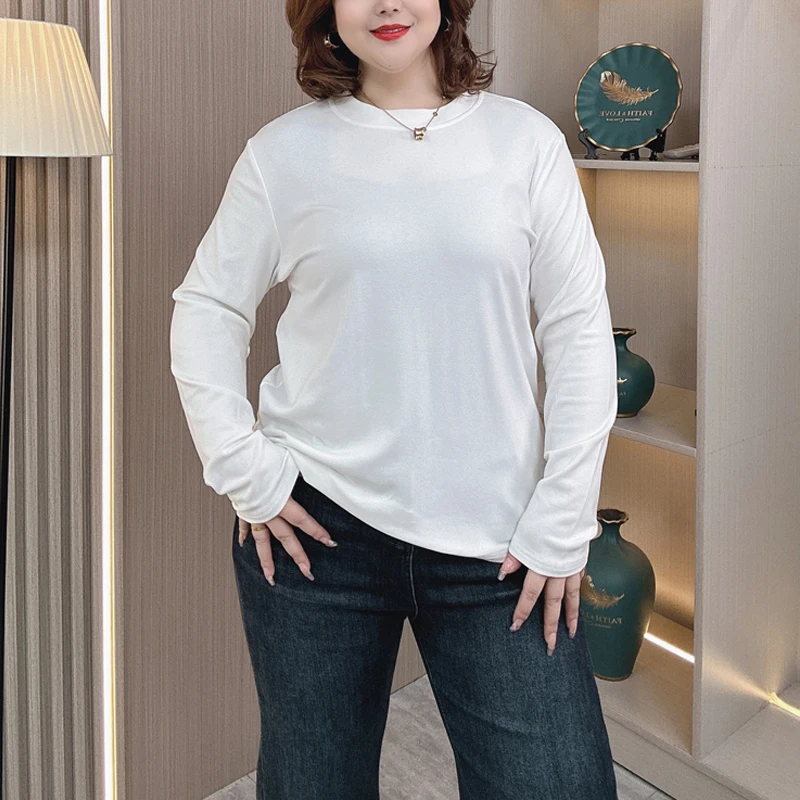 

Женская базовая футболка больших размеров 4XL, осенне-зимняя эластичная тонкая футболка с круглым вырезом, теплые топы с кисточками 8019