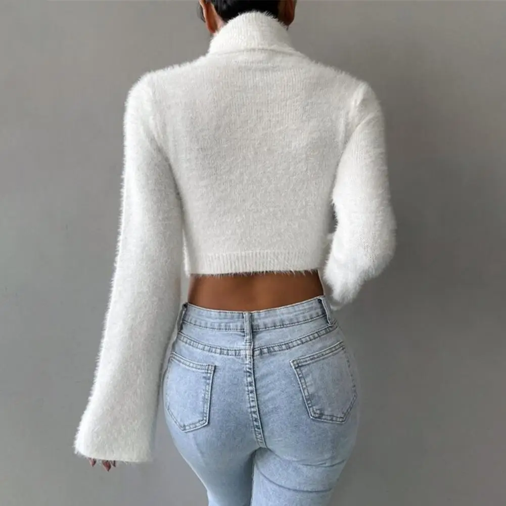 High Collar Top Stylish Women's High Collar Cropped Sweater with Flared Long Sleeves Solid Color Slim Fit Knitwear for Casual