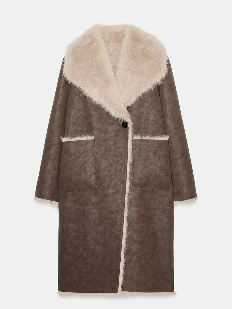 Otoño Invierno ropa de doble cara abrigo de piel Artificial de ajuste suelto Vintage Sle Long Sve señoras Jaet fibra de poliéster