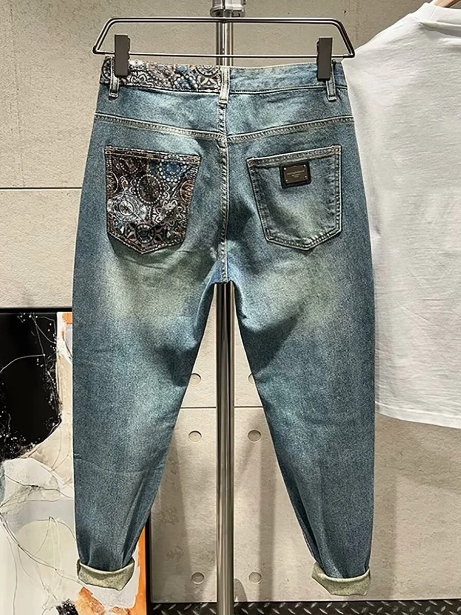 

Весенне-летние новые повседневные лоскутные мужские джинсы Ba ket, модные универсальные облегающие джинсы с девятью острым носком