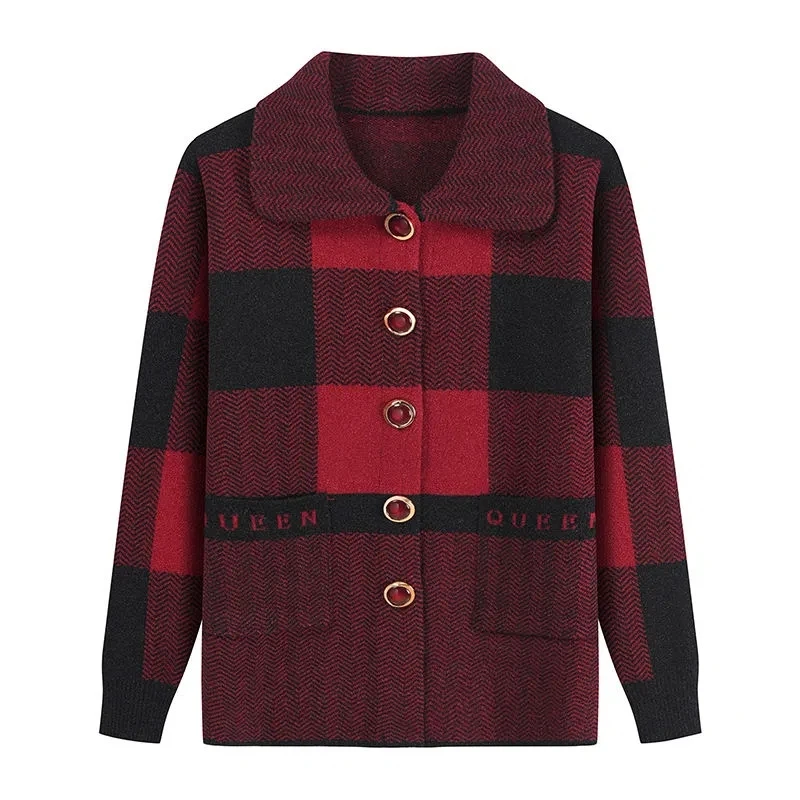 

Middle-Aged And Old Women's Sweater Cardigan Jacket 2023 Spring Autumn Casual Coat Tops Elegant Women's Plaid Knitwear Jacket