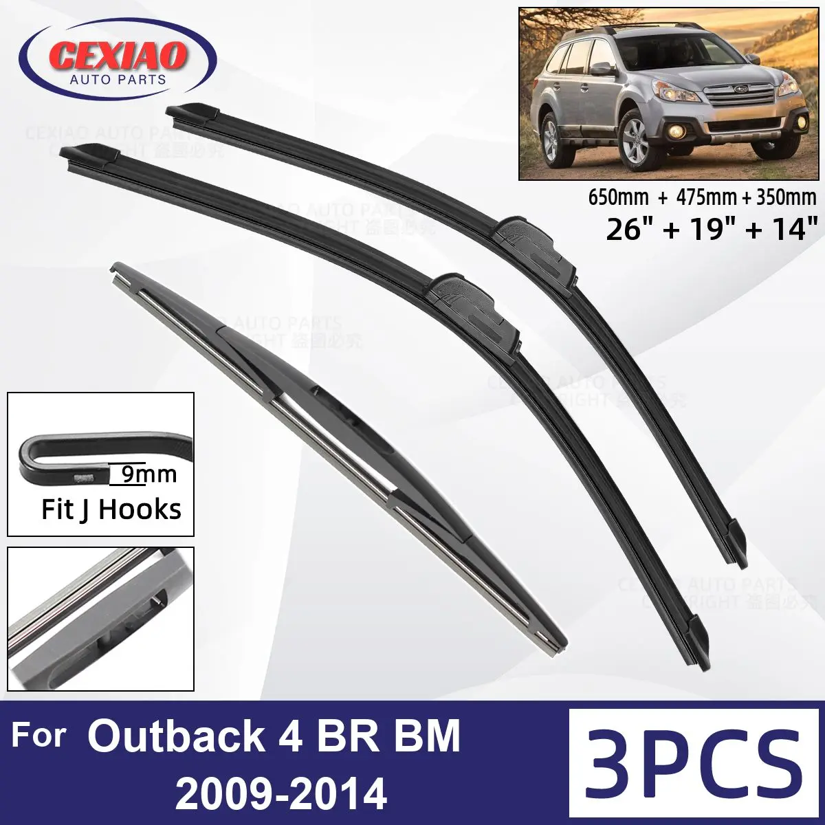 

For Subaru Outback 4 BR BM 2009-2014 Car Front Rear Wiper Blades Soft Rubber Windscreen Wipers Auto Windshield 26"+19"+14"2013