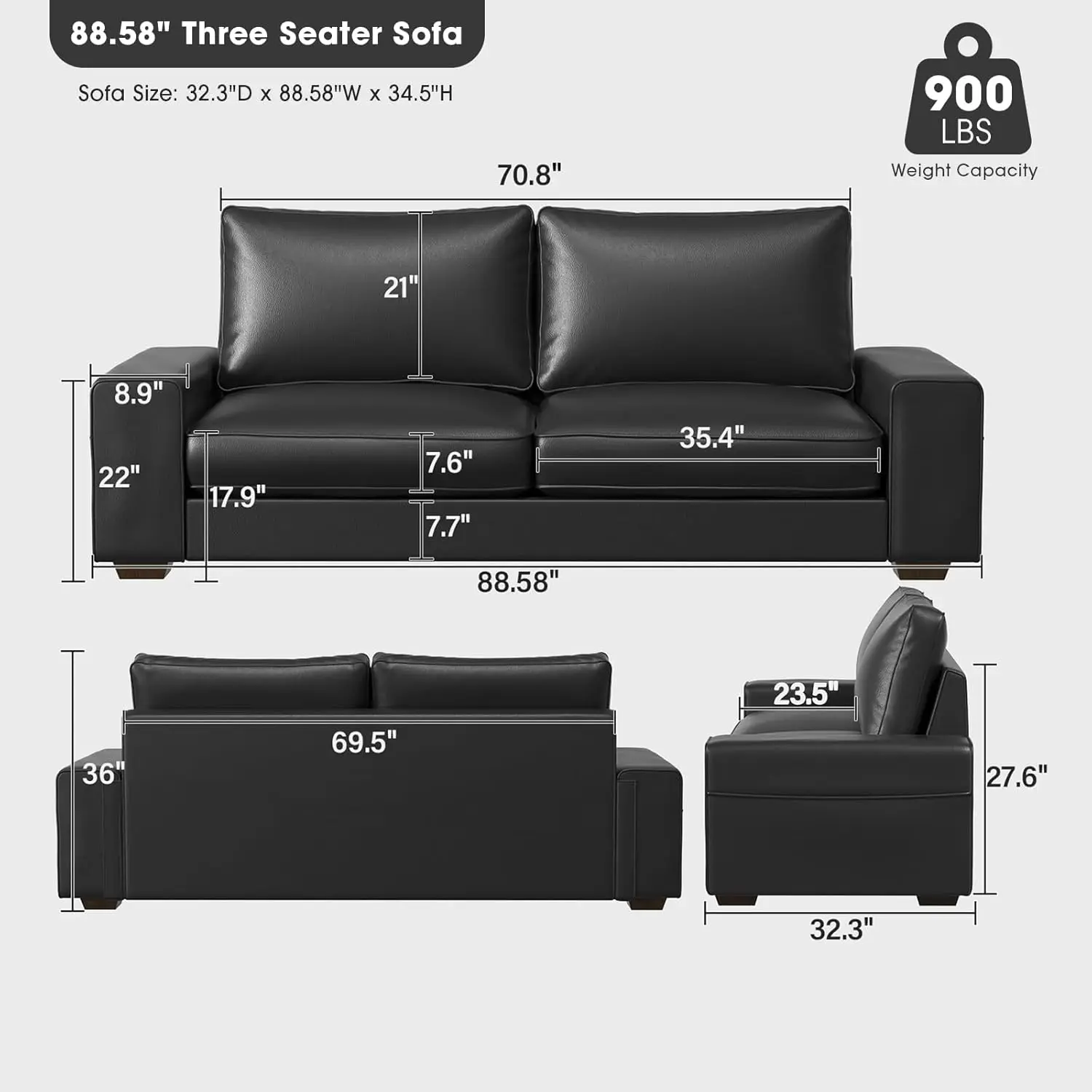 Sofá loveseat moderno e confortável de meados do século com braço largo e estrutura de madeira maciça para escritório, sala de estar e quarto, 3 lugares (858 polegadas)