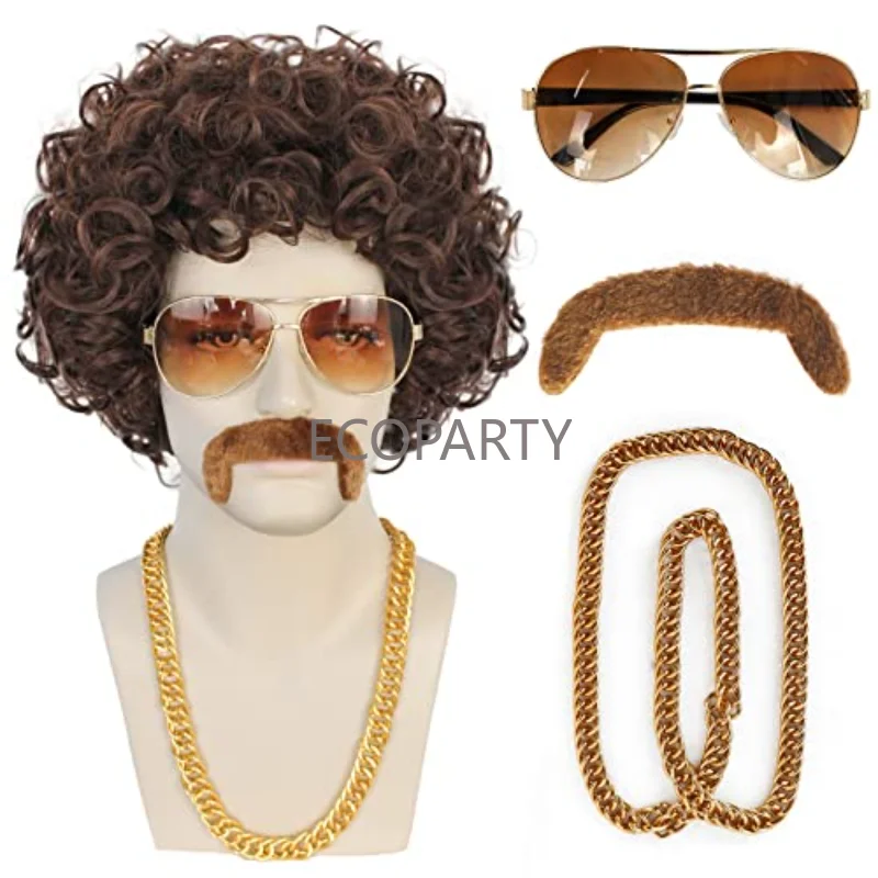 Kurze braune lockige Perücke für Männer Jungen Brille Halskette Bart Perücke Kappe braune Cosplay Perücke für Halloween Kostüm braune Perücke für Party