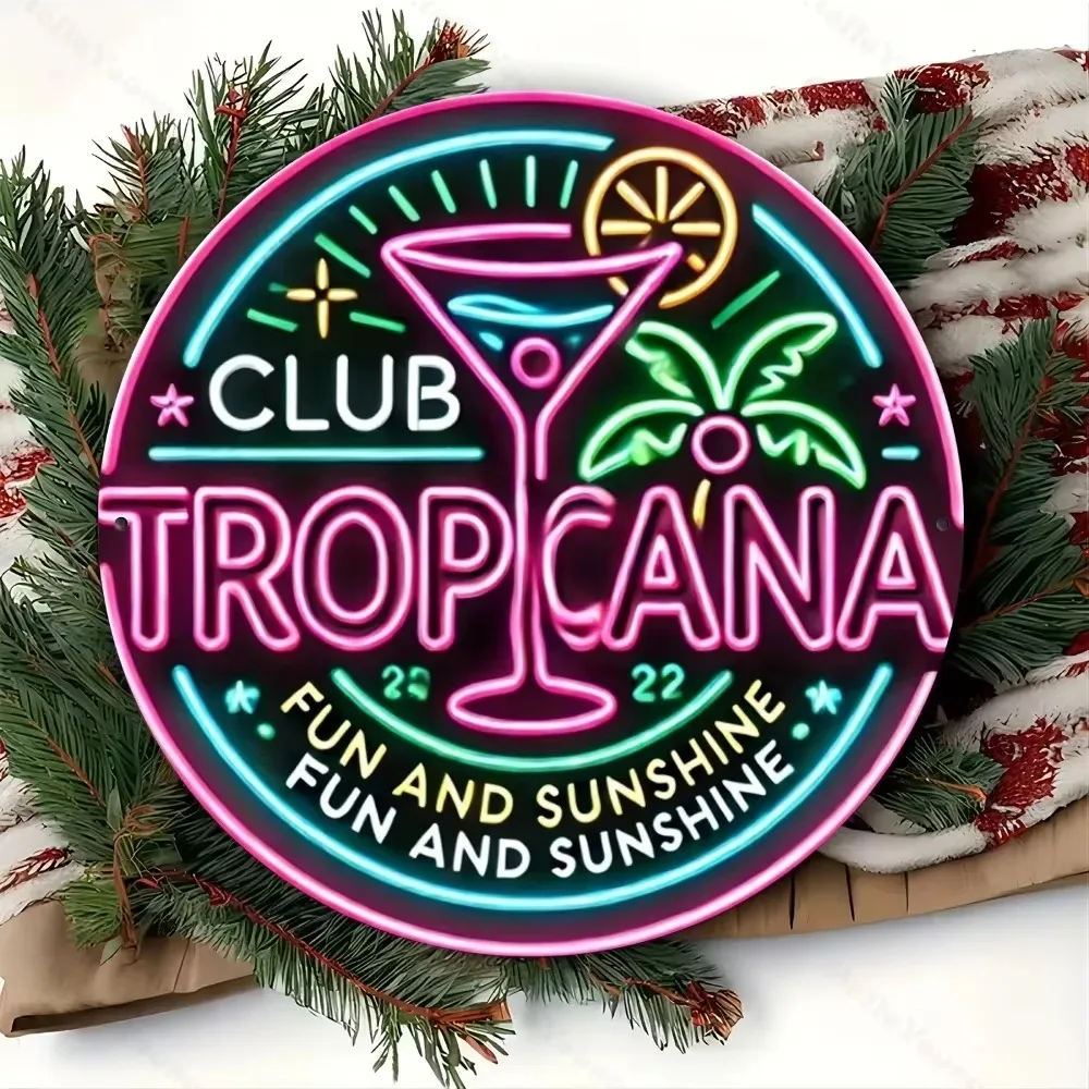 Очаровательный алюминиевый настенный рисунок 1 шт. - винтажная круглая вывеска Club Tropicana, идеально подходит для домашнего декора, отлично подходит в качестве подарка для баров и кафе