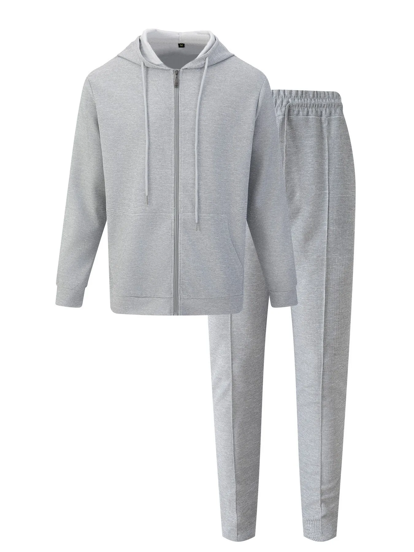26 popular men's autumn new waffle knit hooded zip cardigan with pockets, long-sleeved and long-pants casual two-piece set view 6