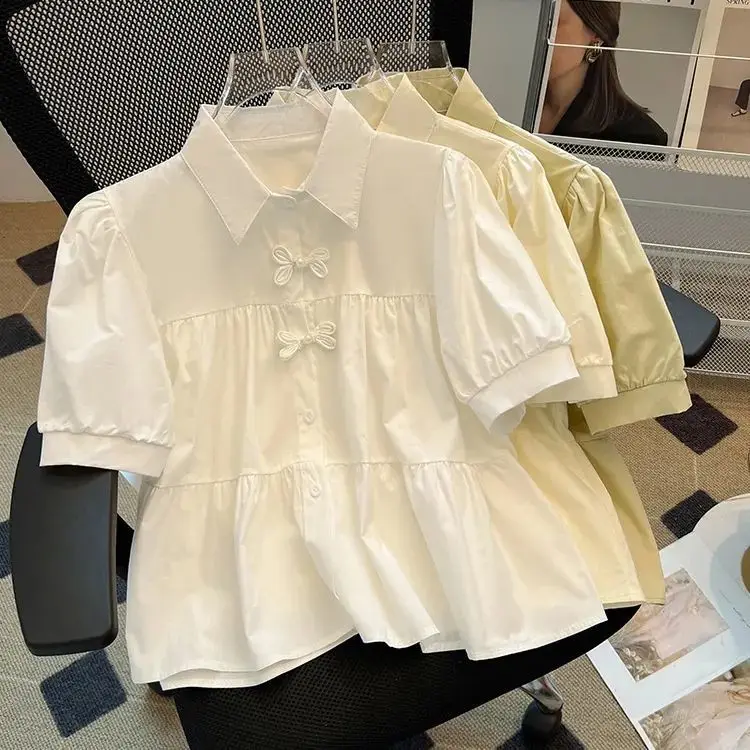 

Рубашки с коротким рукавом, женские шифоновые плиссированные укороченные рубашки с булавками, уличная французская городская офисная женская современная шикарная профессиональная рубашка