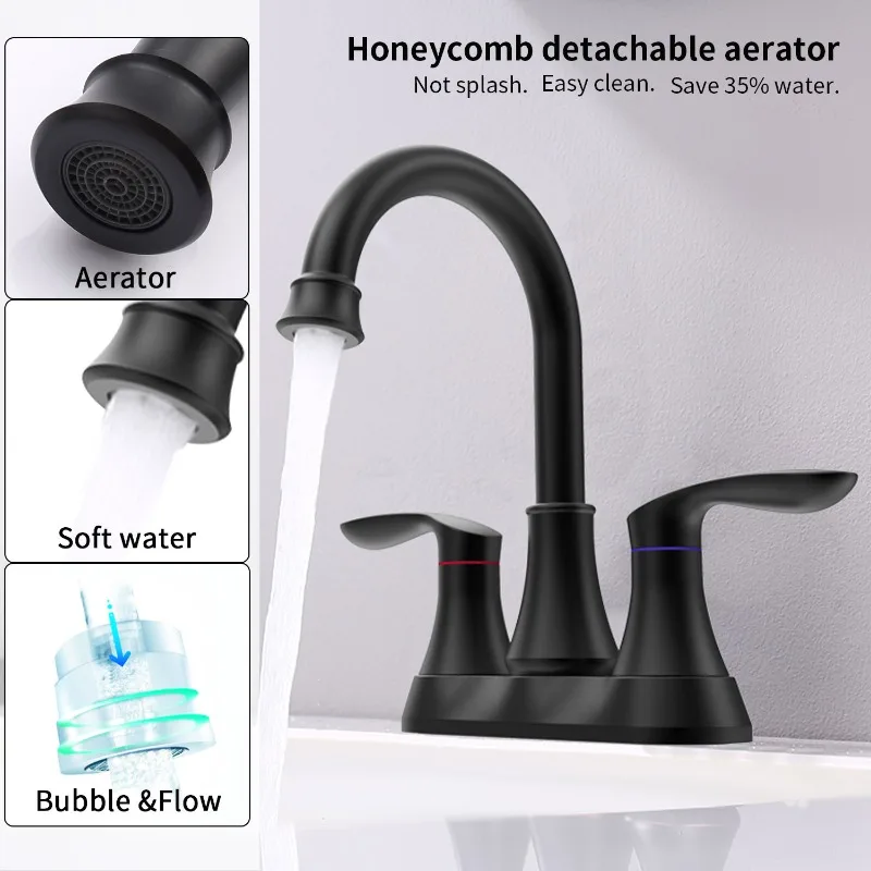 

Matte black bathroom faucet with 2 handles center set with pop-up drain and water supply hose 360 ° high arc rotating nozzle