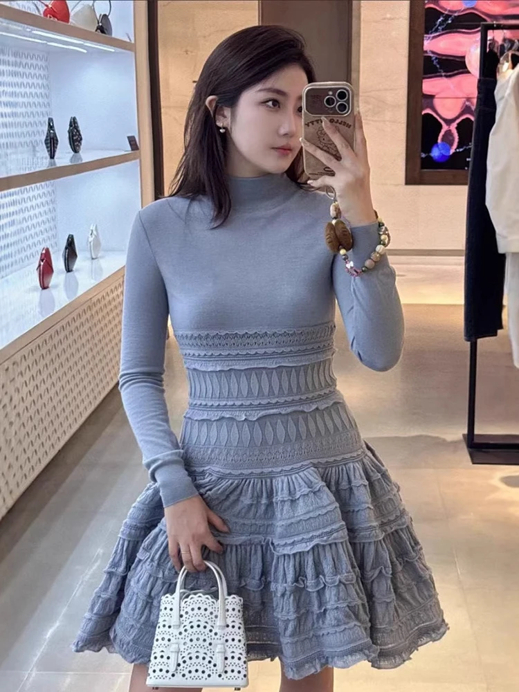 Long-sleeved high-neck knitted dress Wool blend elastic slim-fit women's dresses temperament High street cake dress 2025 new