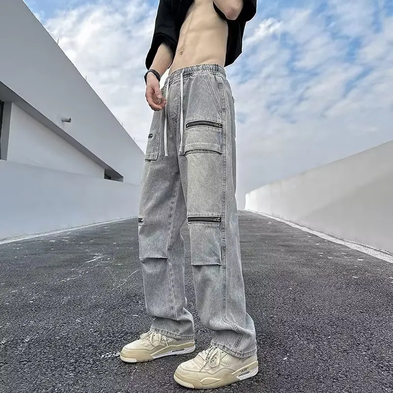 Jeans baggy déchirés pour hommes, pantalons en denim, pantalons taille élastique, streetwear hip hop, sarouel, longueur de rinçage, bleu, noir, décontracté, fjHarajuku