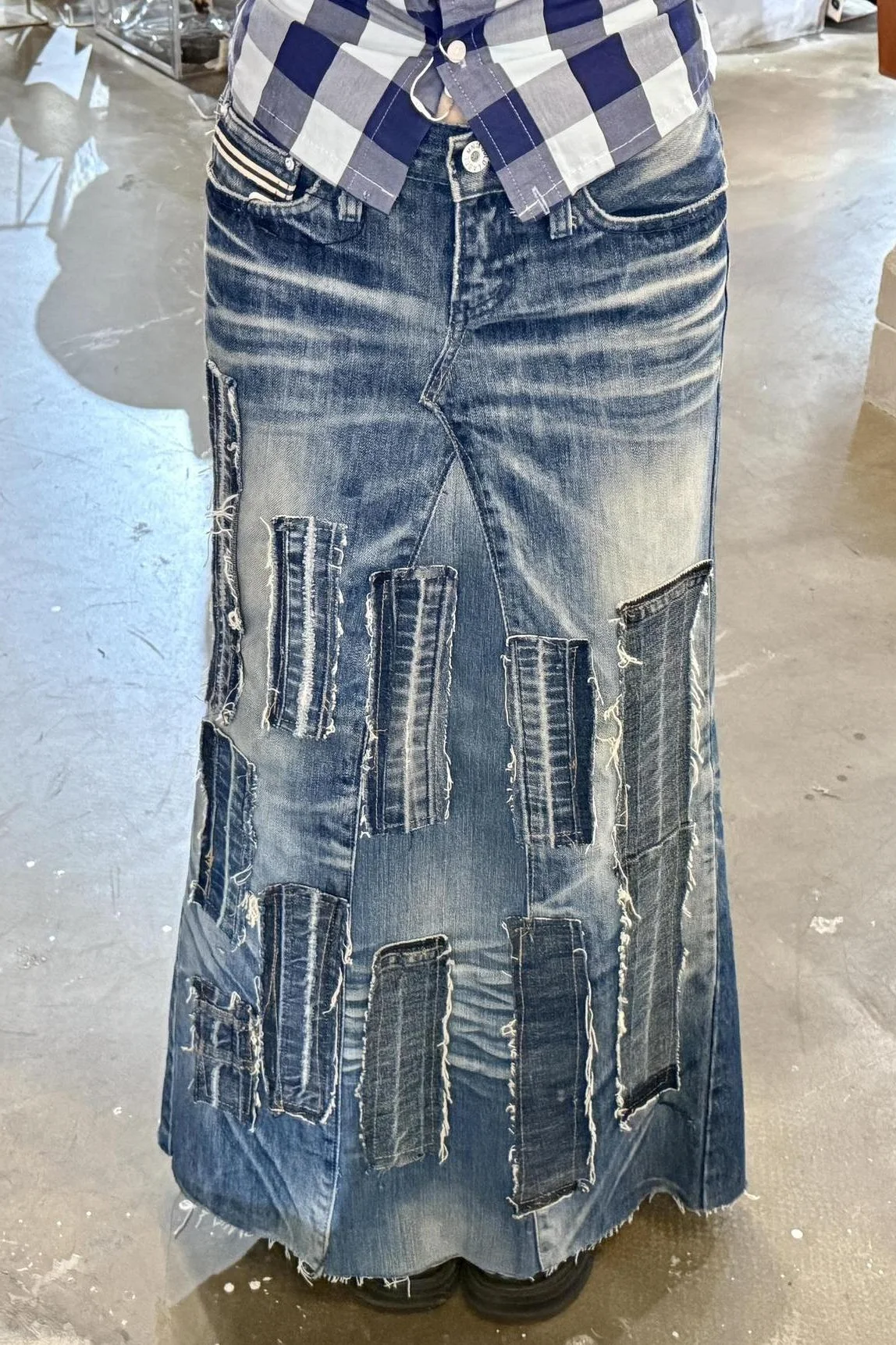 

American Retro Washing Old Patch Denim Long Skirt Women Spring Summer New Hot Girl Slim Fit Slim Splicing Midi Skirt