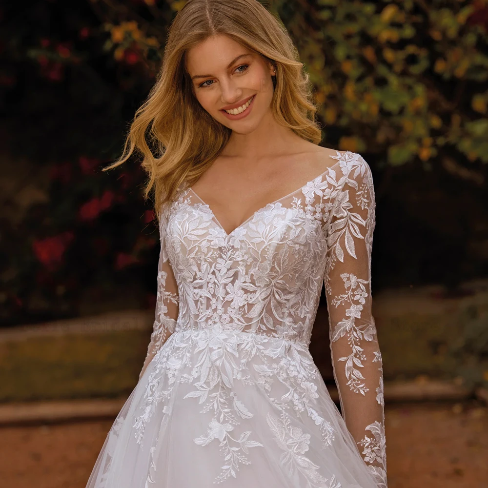 Personalizado a linha vestidos de casamento com decote em v mangas compridas vestidos de noiva apliques botão traseiro até o chão tule vestidos de novia