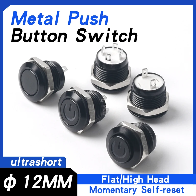 

12MM Ultra-Short Metal Push Button Switch Waterproof Momentary Self-reset Flat Head Oxidized Black 1NO 3V 24V