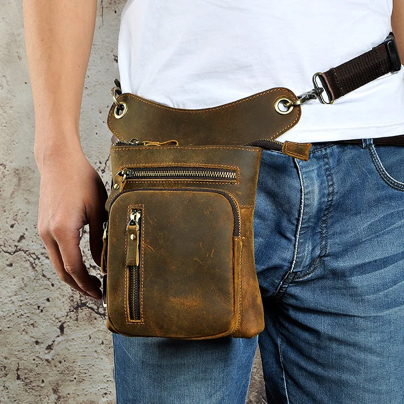 Retro Style Genuine Mad  Leather Men's Waist Bag Top Layer Cowhide Motorcycle Bag Fashionable Trendy Single-Shoulder Bag
