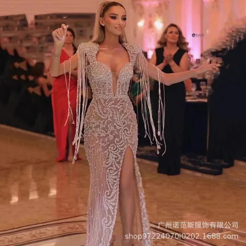 2026Senior Sense Silver Nude Heavy Industry Diamond-encrusted Celebrity Birthday Party Light Luxury Dress Company Annual Meeting