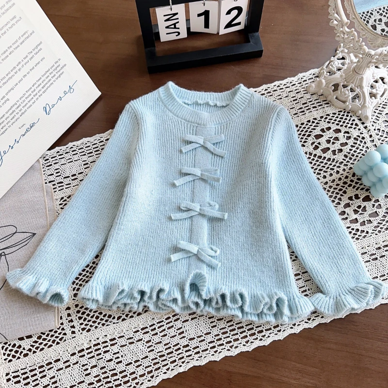 Girls Cute Baby Sweet Knit Top Spring and Fall New Girls Bow Long Sleeve Sweater Kawaii Sweater
