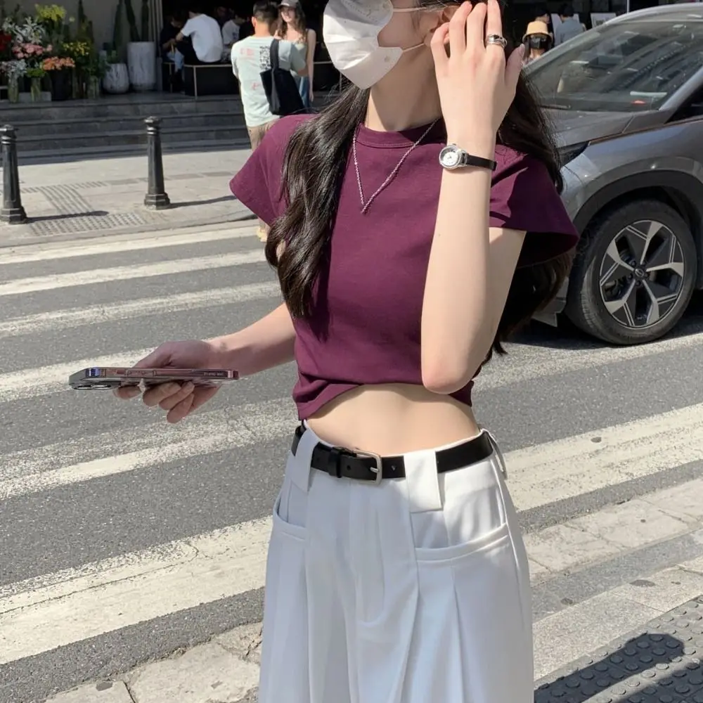 لطيف بلون قصيرة الأكمام تي شيرت أنيق الحلو Y2K المحاصيل الأعلى سليم صالح الكورية نمط تي شيرت النساء الفتيات