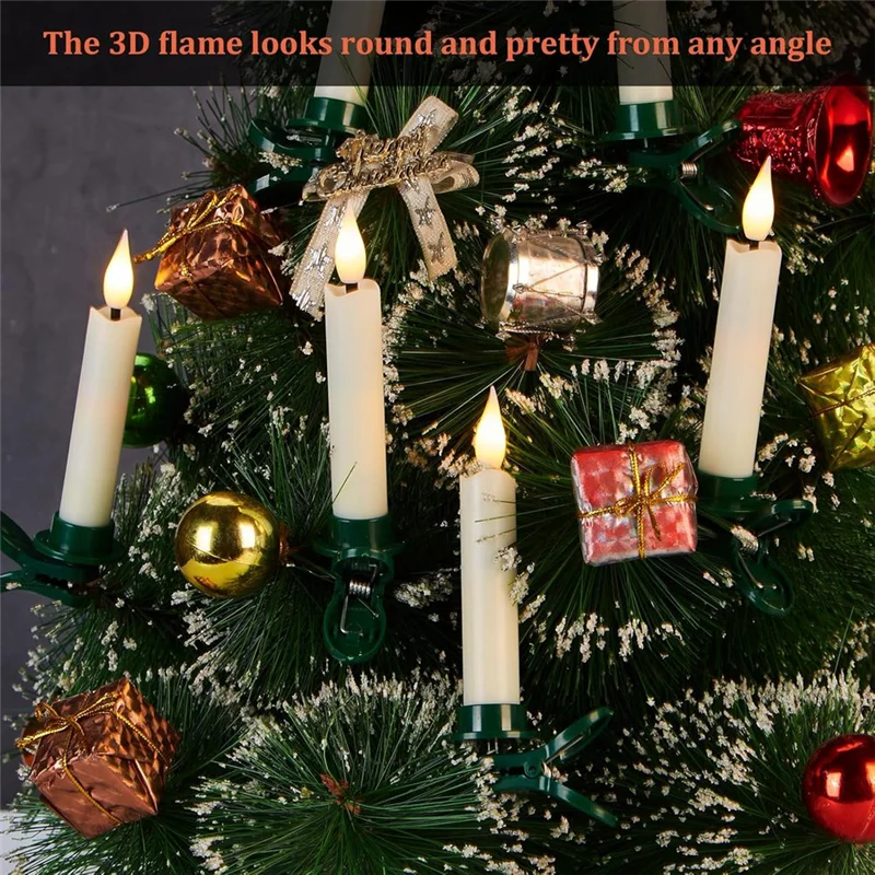 ABGR-LED Taper Candles Light Set 12 Pieces Flameless 3D Wick Candles With Clip-On Christmas Tree Design Warm White Light