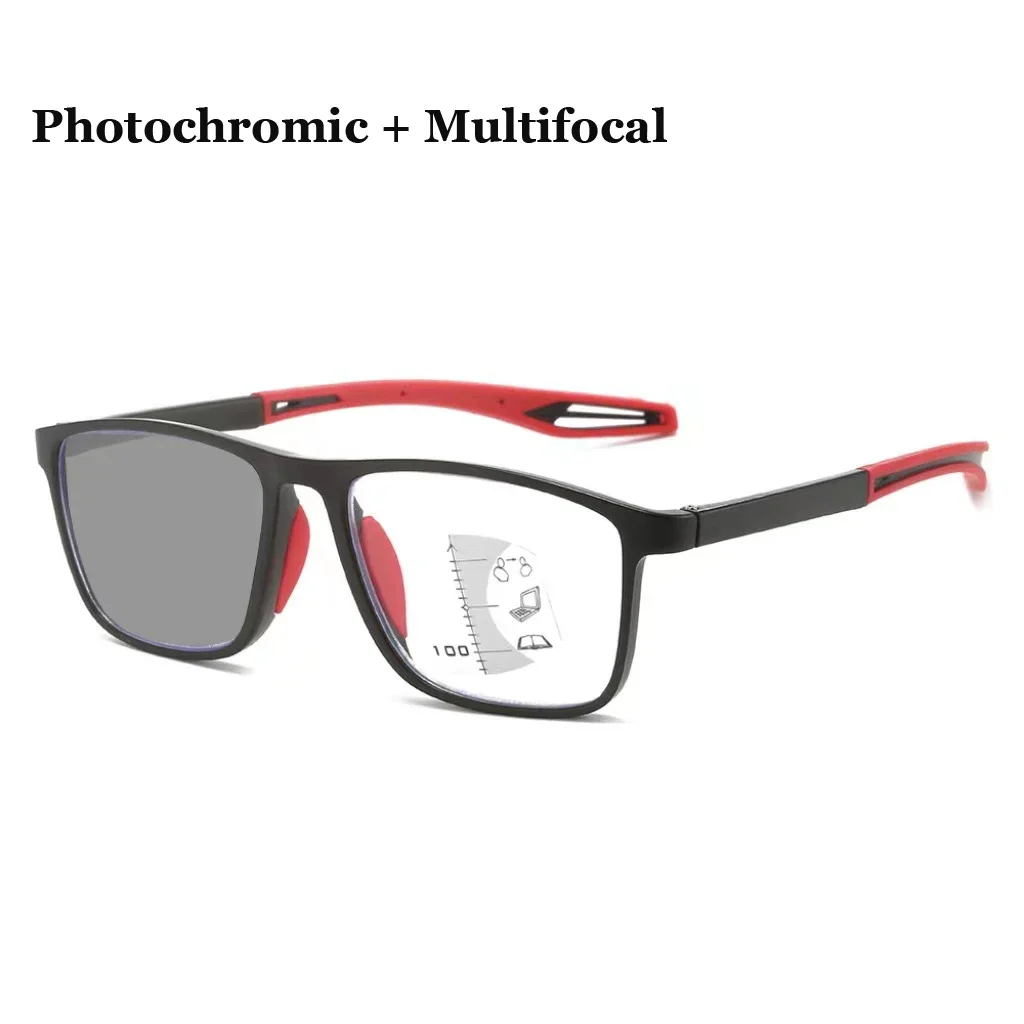 Neue trendige TR90 photochrome multifokale Lesebrille 3-in-1 Outdoor Bifokale Sonnenbrille Sport Anti Blue Near Far Brille
