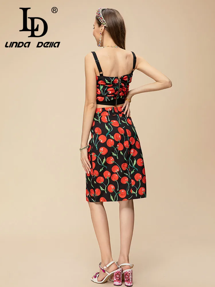 LD LINDA DELLA 2023 Summer Runway Designer Set Women\'s Suspender Cherry Print Top+Elastic Waist Elegant Party Skirts Sets