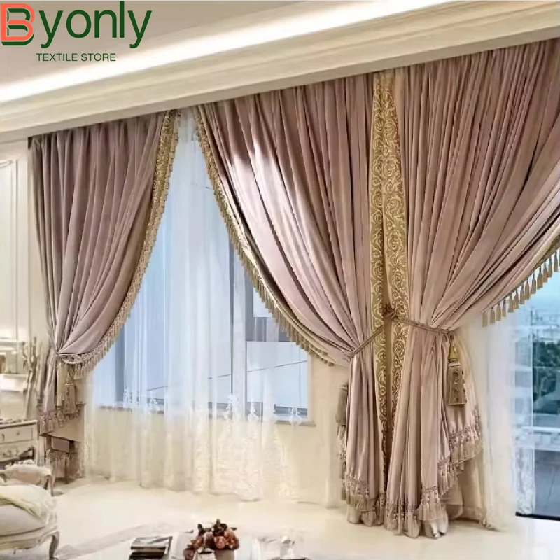 High-end Pink Embroidery Princess Spliced Velvet Curtains for Living Room Bedroom Floor-to-ceiling Windows Villa Customized