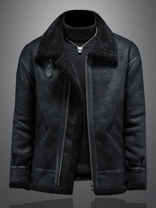 

Мужская зимняя утепленная кожаная куртка с флисовой подкладкой, в стиле ретро, байкерская, из натуральной овчины, теплая, повседневная, с воротником-стойкой, полиэстер