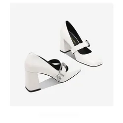 Authentic Pumps Mary Jane Single Shoes Women 2025 New Thick Heel Square Head Fashion Retro Shallow High Heel Leather Lady Shoes