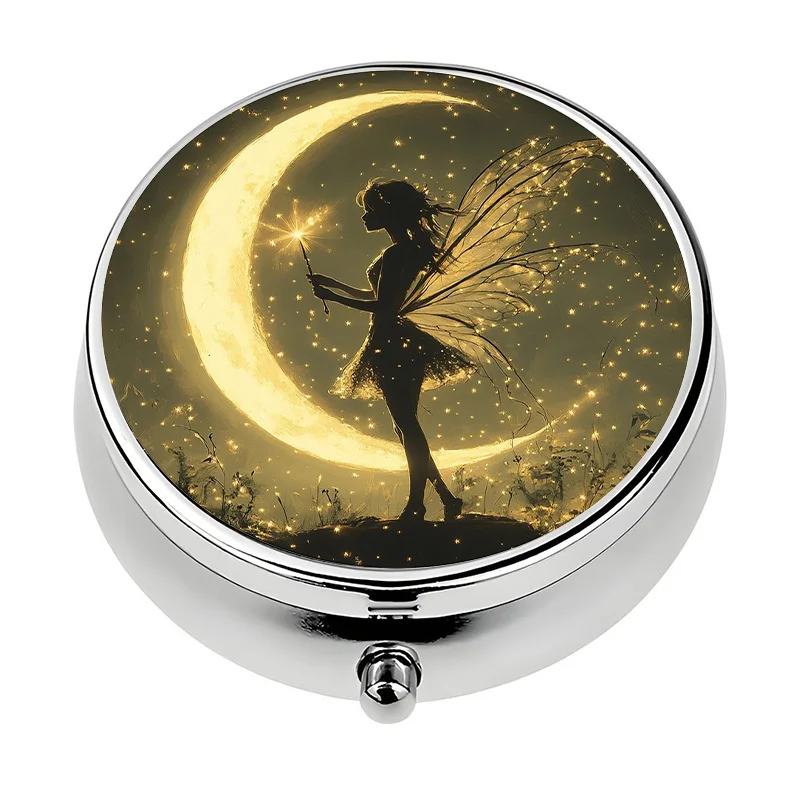 1 metal 3-compartment mini pill box with fairy moon magic design - golden fairy and crescent-shaped box, portable medicine organizer, suitable for handbags and travel (durable)