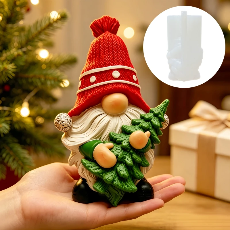 DIY Dwarf Holding Christmas Tree Shaped Candle Silicone Mold Christmas Hat Dwarf Resin Gypsum Molds Christmas Gift