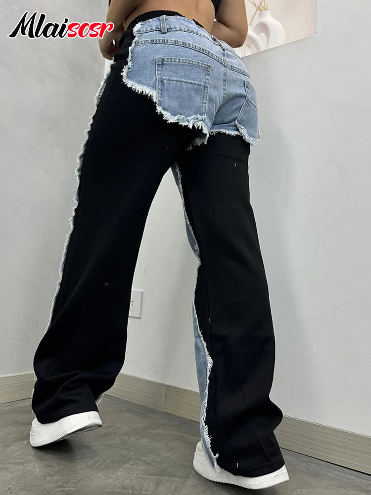 Mlaiscsr Straight Wide Leg Pants Drawstring Waist Stretch Denim Patchwork Baggy Jeans Women Streetwear Sweatpants Trousers y2k