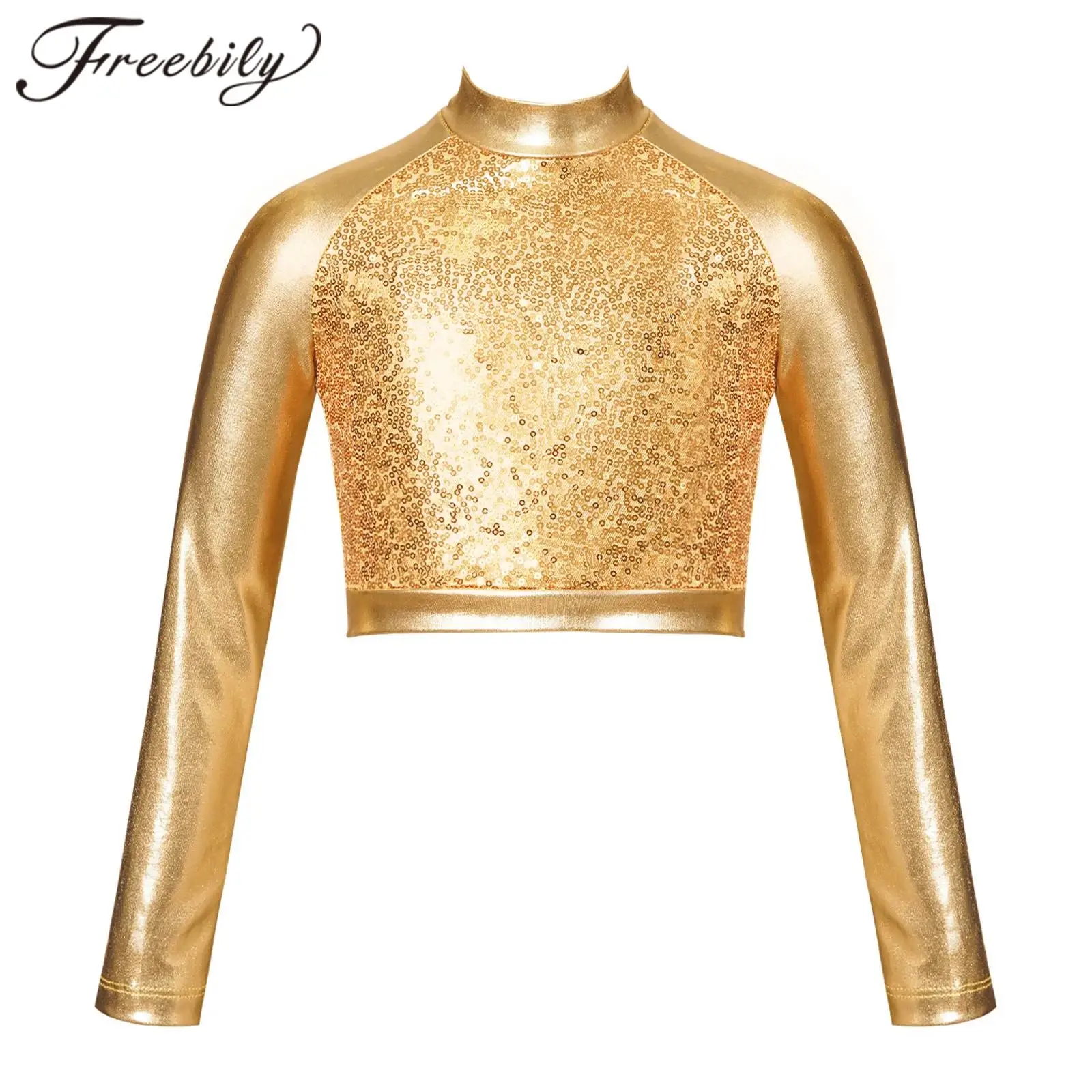 Fashion Girls Shiny Metallic Top T-Shirts Long Sleeve Sequin Jazz Dance Crop Tops Children Performance Clothing Kids Hiphop Wear