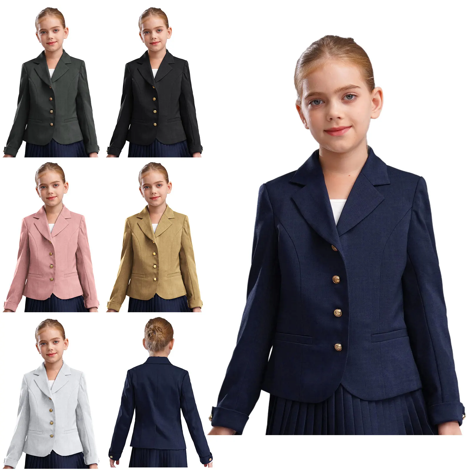 Kids Girls Blazer School Uniform Lapel Long Sleeve Button Down Suit Jacket Suit Coat Teenager Wedding Party Ball Clothes