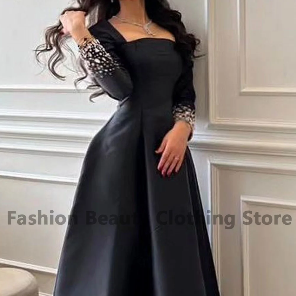 Beautiful Satin Evening Dress Square Neck Long Sleeves Crystal BeadedSaudi Arabian Women\'s A-Line Ankle-Length Vestidos De Gala