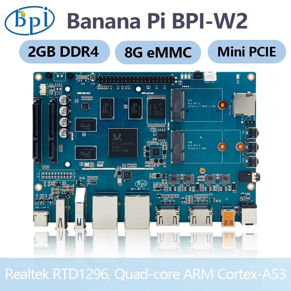 

Banana Pi BPI-W2 Realtek RTD1296 Quad Core Processor Motherboard 2G DDR4 SDRAM 8G eMMC Flash Smart electronics Wifi Router Board