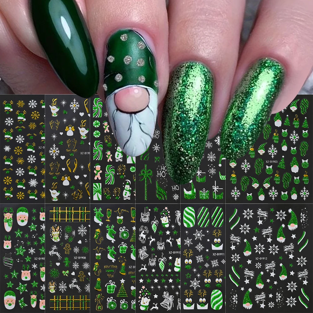 12 pçs 3d natal unhas adesivos glitter navidad design bonito decalques da arte do prego 2025 ano novo diy gel adesivo manicure decorações