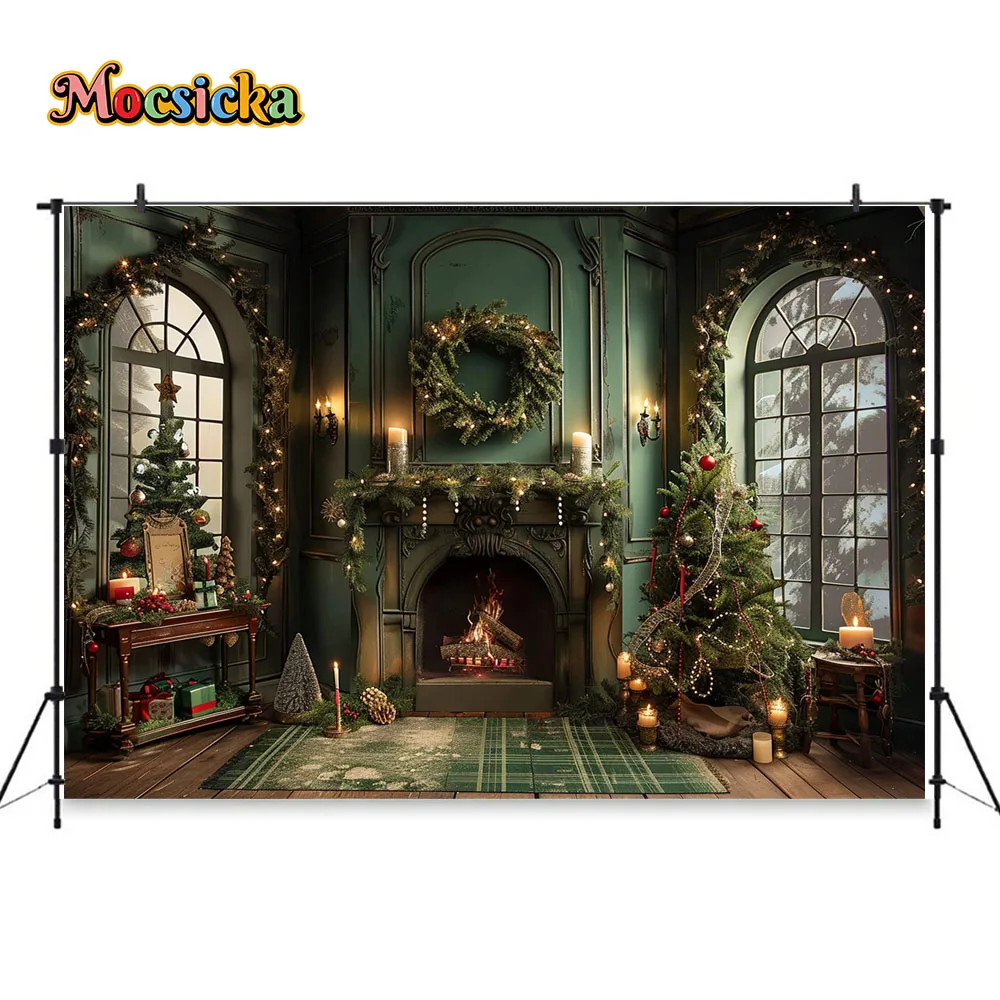 Green Christmas Photography Background Gold Fireplace Window Candle Xmas Tree Backdrop Winter Gift Room Family Kid Photo Studio