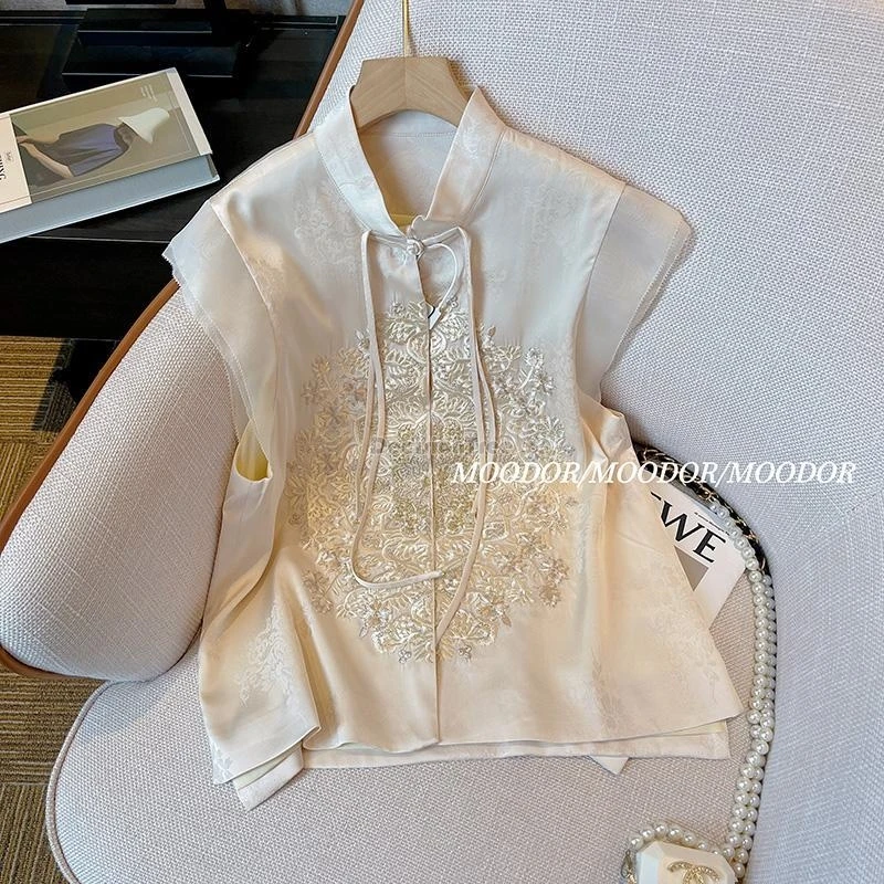 2024 new chinese style jacquard waistcoat shirt female summer standing collar clip loose embroidery sleeveless vest blouse top