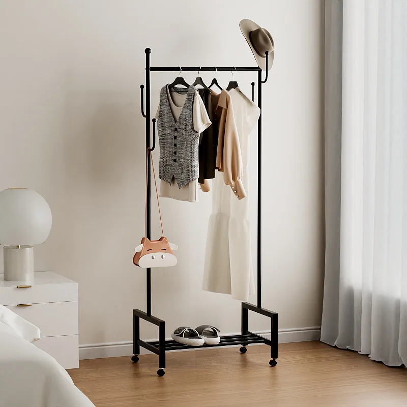 

#Modern Household Bedroom Floor-Dwelling Metal Clothes Drying Rack Wheels Movable Simple Coat Rack Space-Saving Home Furniture