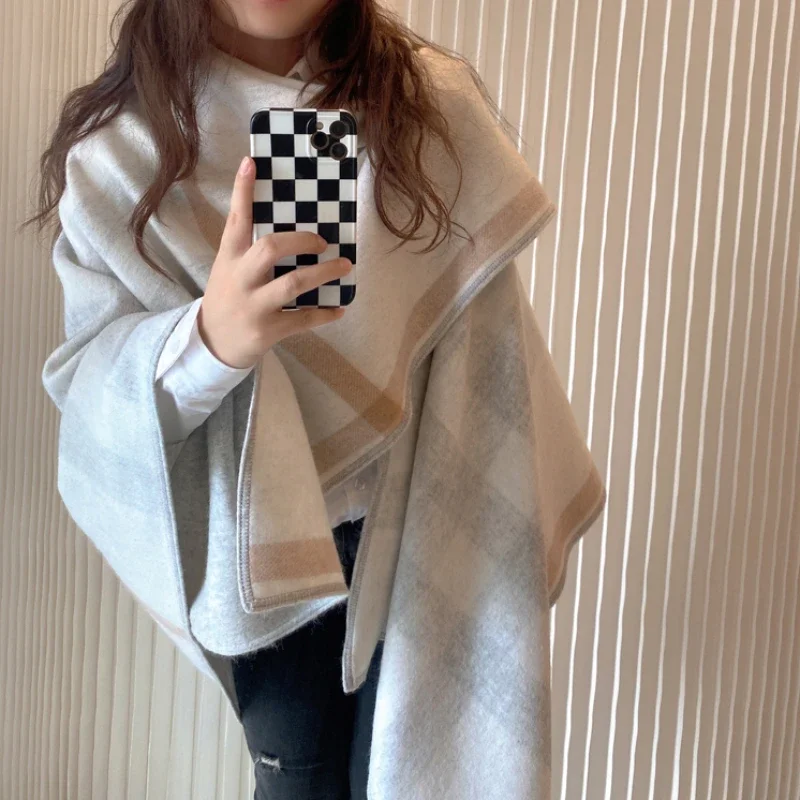 Thick and Warm Autumn and Winter All-match Female British Plaid Cashmere Wool Cape Double-sided Oversized Shawl Scarf